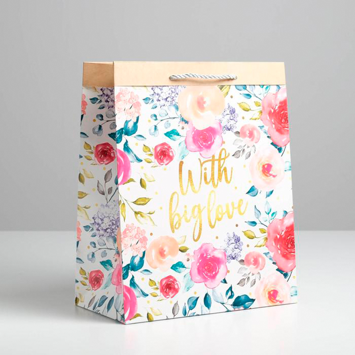 Пакет подарочный крафтовый "with big love" 26*32*14 см (1/3/120) "дарите счастье" 5307533