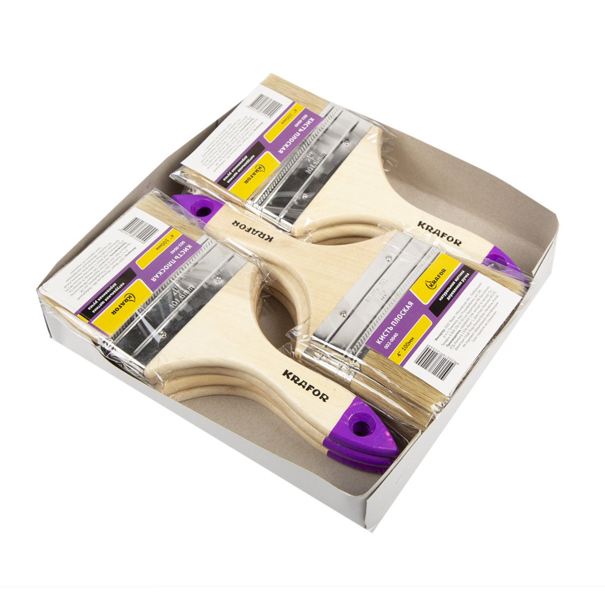 Кисть плоская  №4 /100 мм  (12/240) натур.щетина, дерев.ручка "krafor" 002-0040