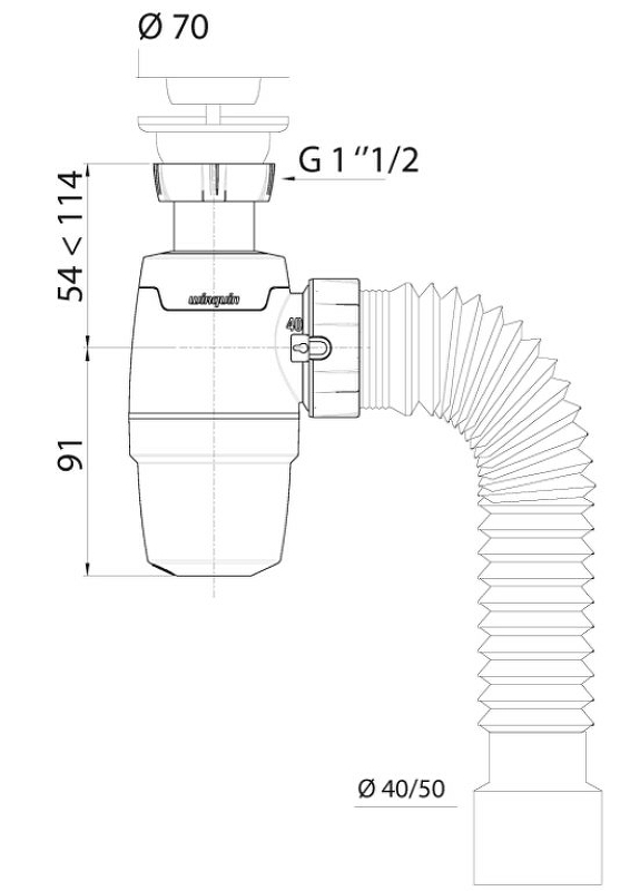 Сифон NEO с выпуском 1 1/2 х 40 мм и гофротрубой L800 мм, 40 х 40/50 мм WIRQUIN