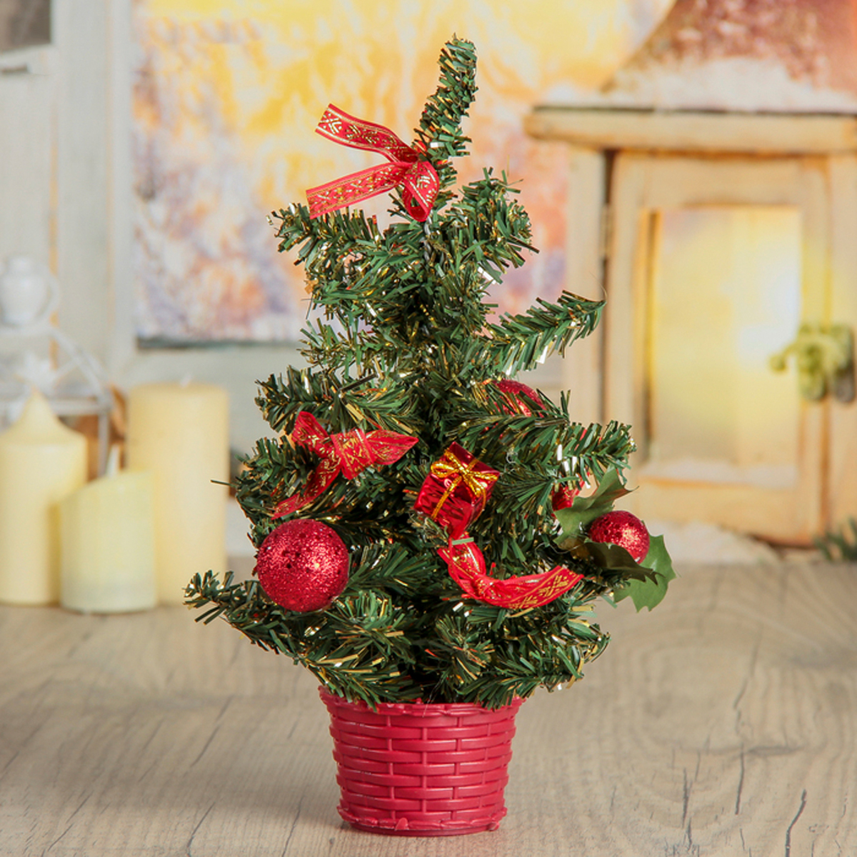 Ель декор. 25 см (зеленая, украшения красные) "зимнее волшебство" 3531514