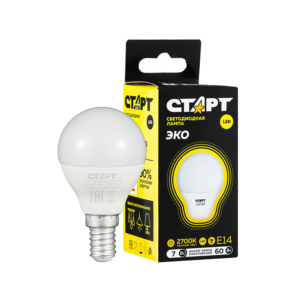 Лампа светодиодная "старт эко" шарик 7w 2700 к  e14, тепл. свет (10/100)
