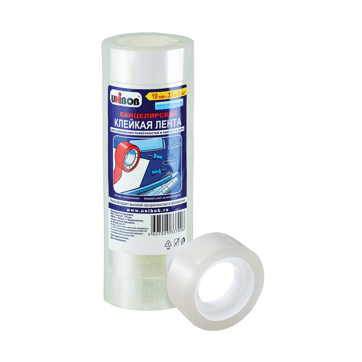 Скотч канцелярский "unibob" 19 мм х 33 м  (прозрачный) упак. 8 штук (1/36)
