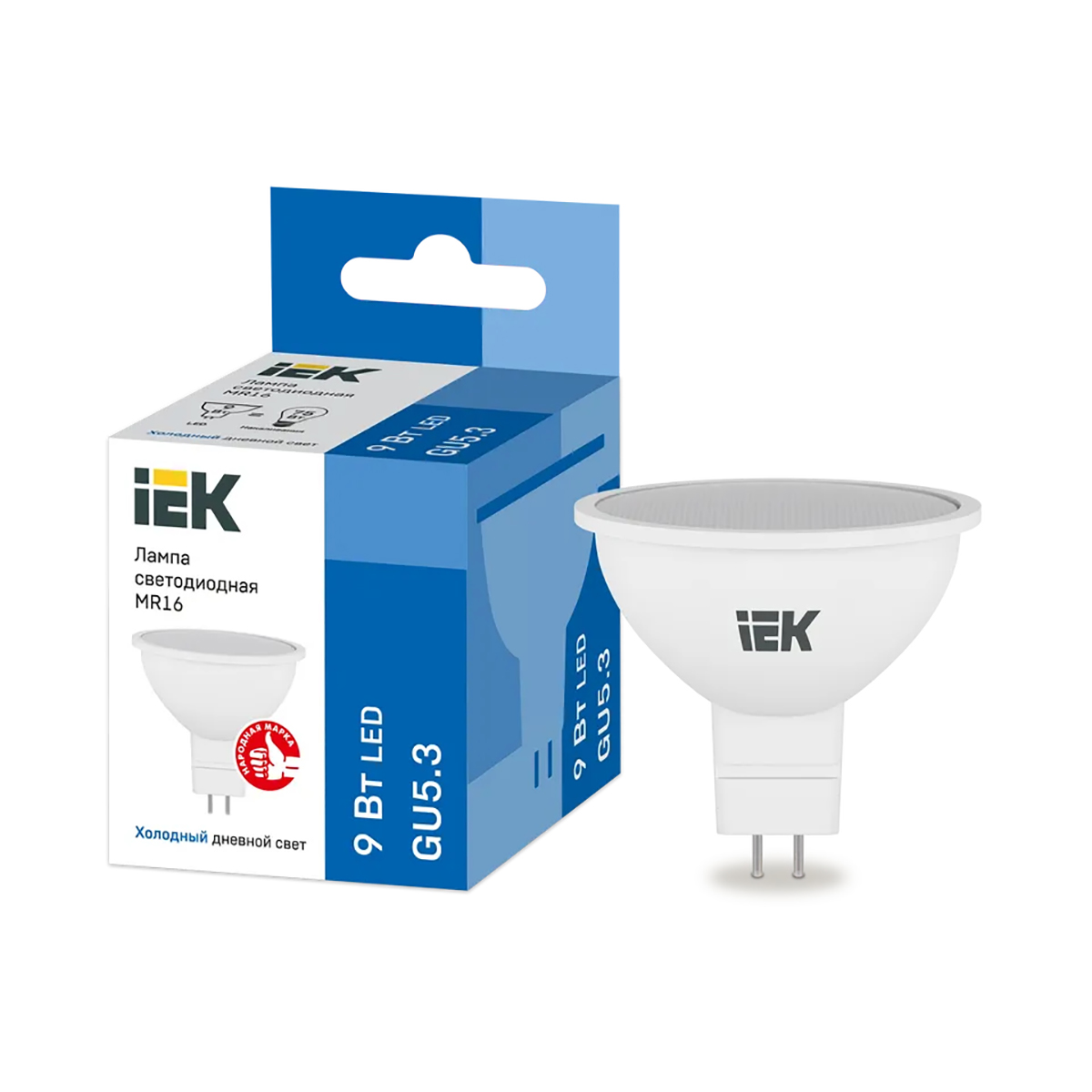 Лампа светодиодная (led) "iek" mr16 софит 09w 6500 к gu5.3, холод. свет (10/200)