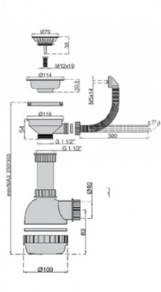 Сифон "Obri" для мойки с гофропереливом, с нерж. решеткой 1"1/2х40мм D=115мм M0472 MIANO
