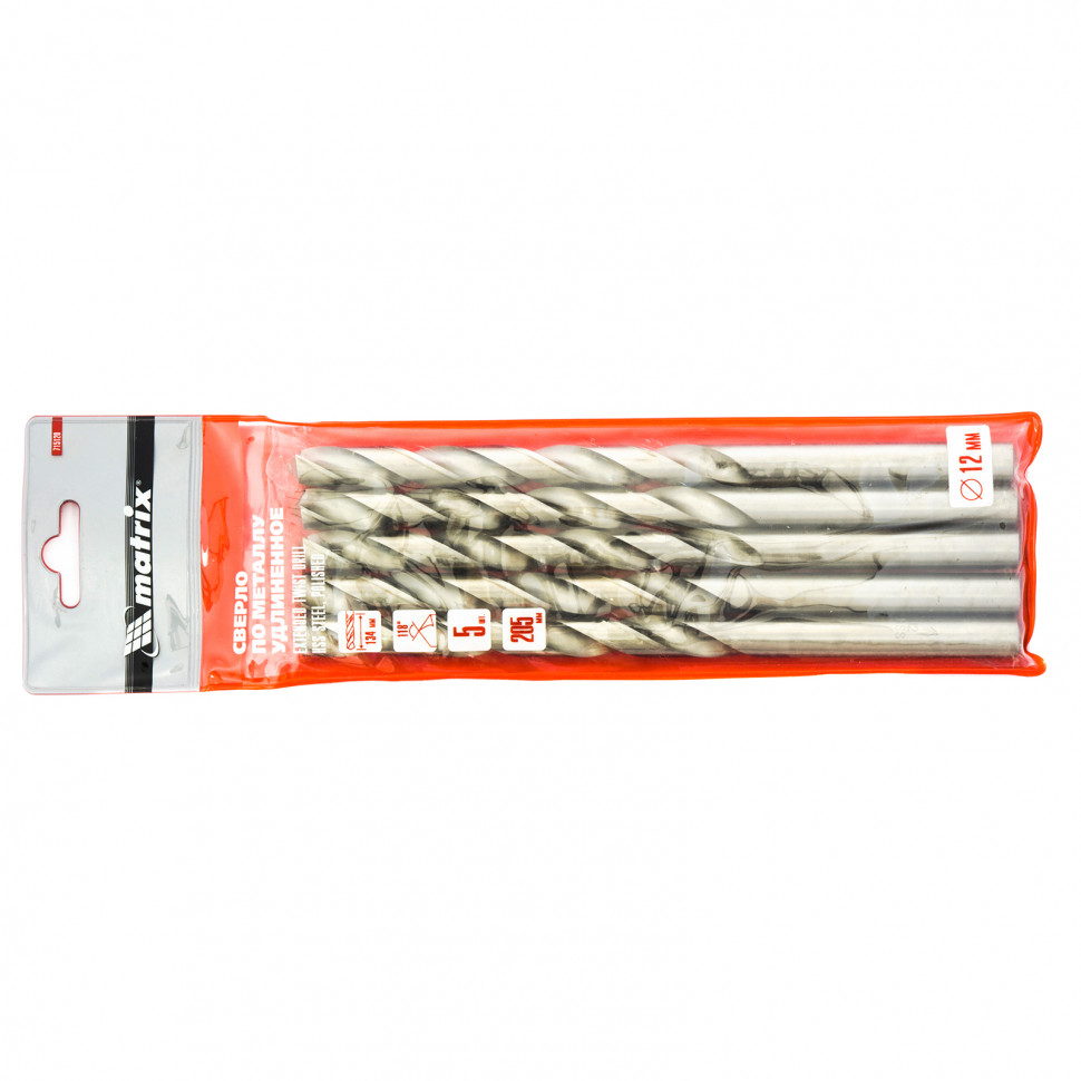 Сверло по металлу, 12 х 205 мм, полированное, удл, HSS, 5 шт, цилиндрический хвостовик Matrix (715120)