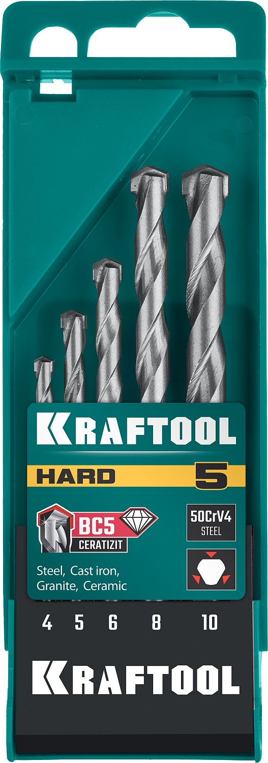 KRAFTOOL Hard, 5 шт: 4-5-6-8-10 мм, набор сверл по по твёрдым материалам (29177-H5)