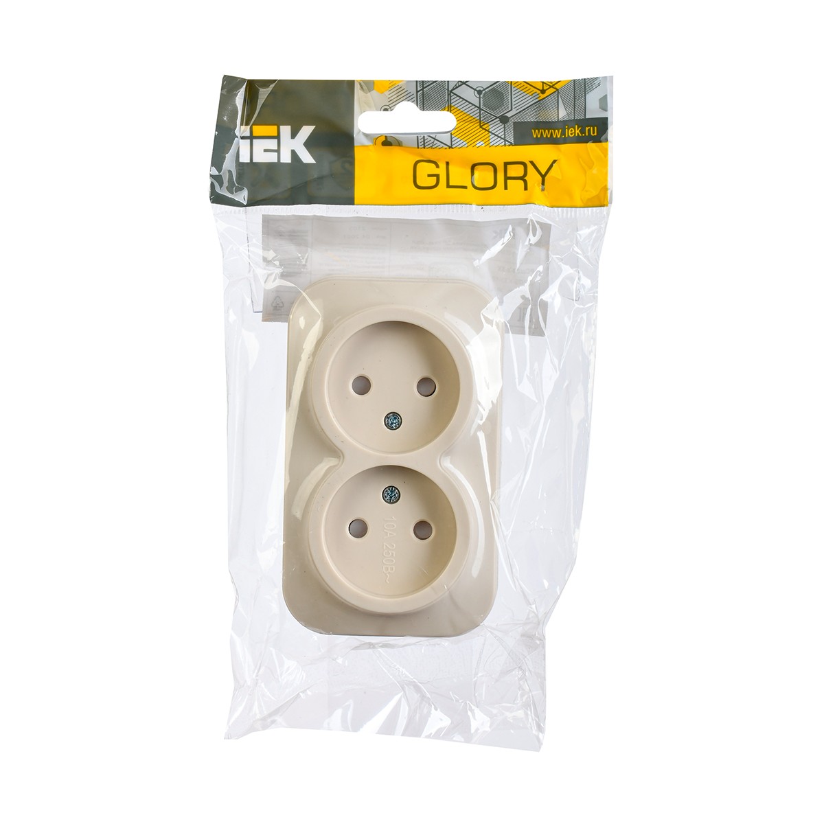 Розетка открыт. уст. "glory" 2-х местн. с шторк. рсш22-2-хк, 10а, кремовый (1/24/288) "iek"
