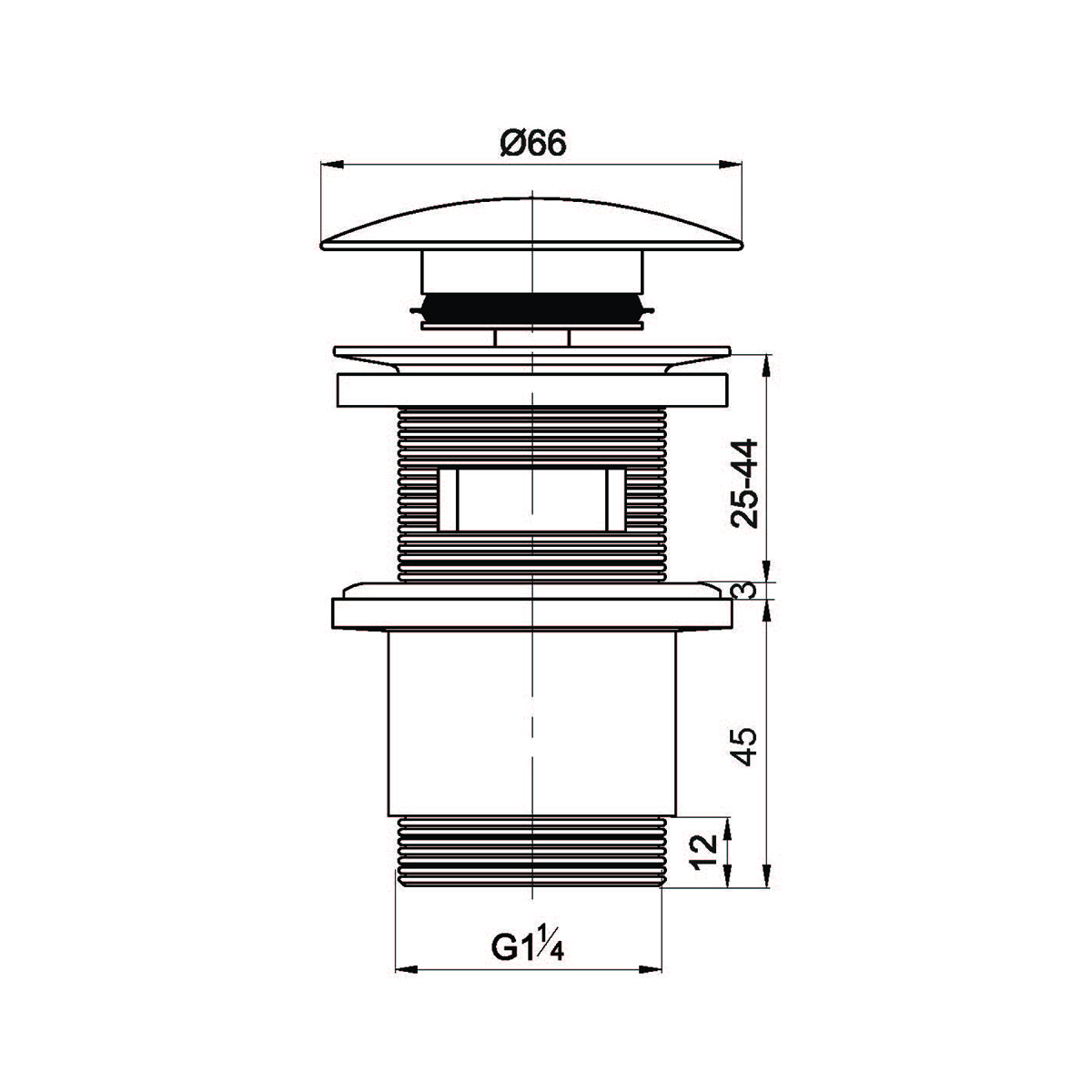 Выпуск "клик-клак" латунный 1 1/4" крышка d=63 мм, с переливом, l60 мм, укороч. (1/32) "wirquin"