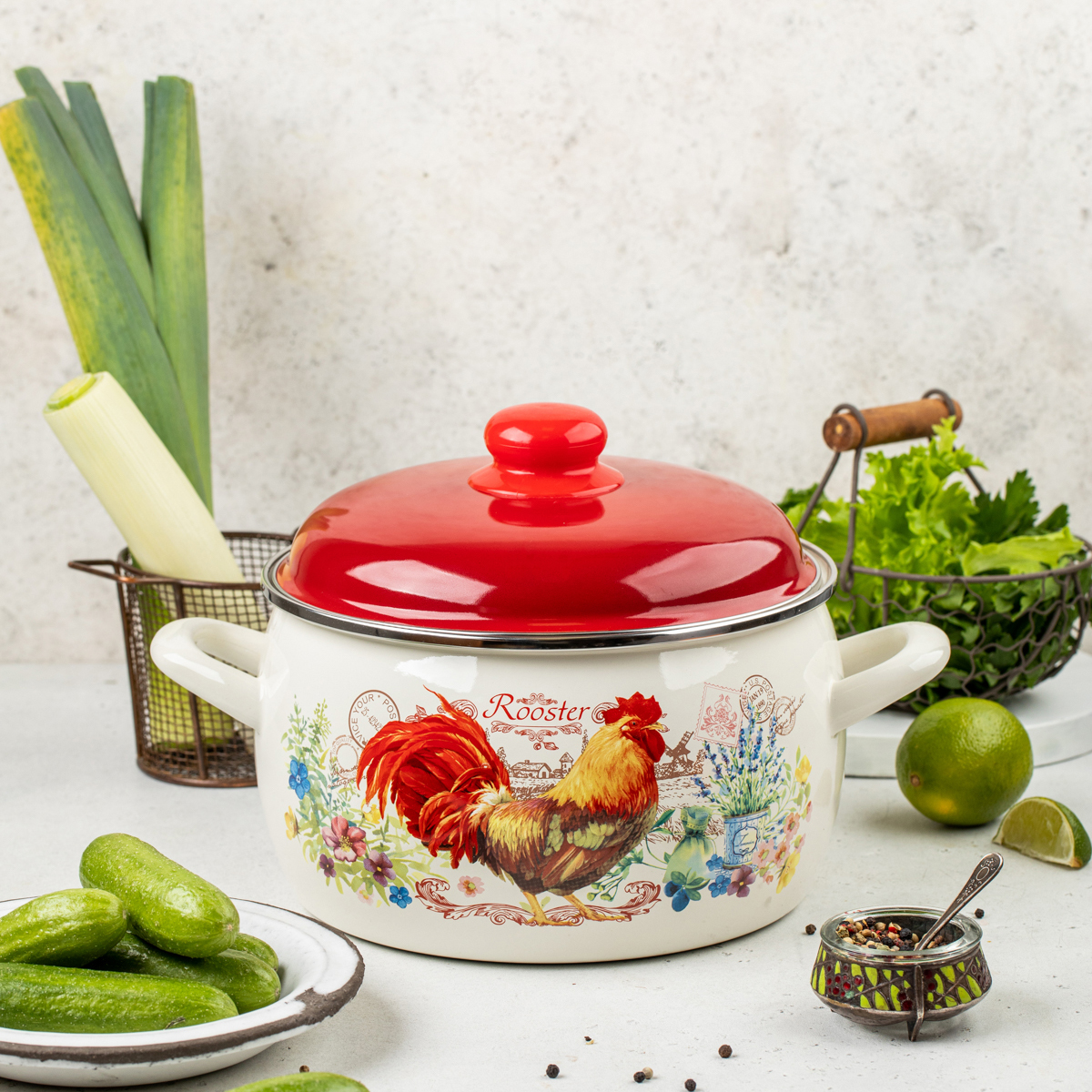Кастрюля эмалиров. "золотой петушок" 5,3 л, 22 см металл. крышка (1/4) "metrot"