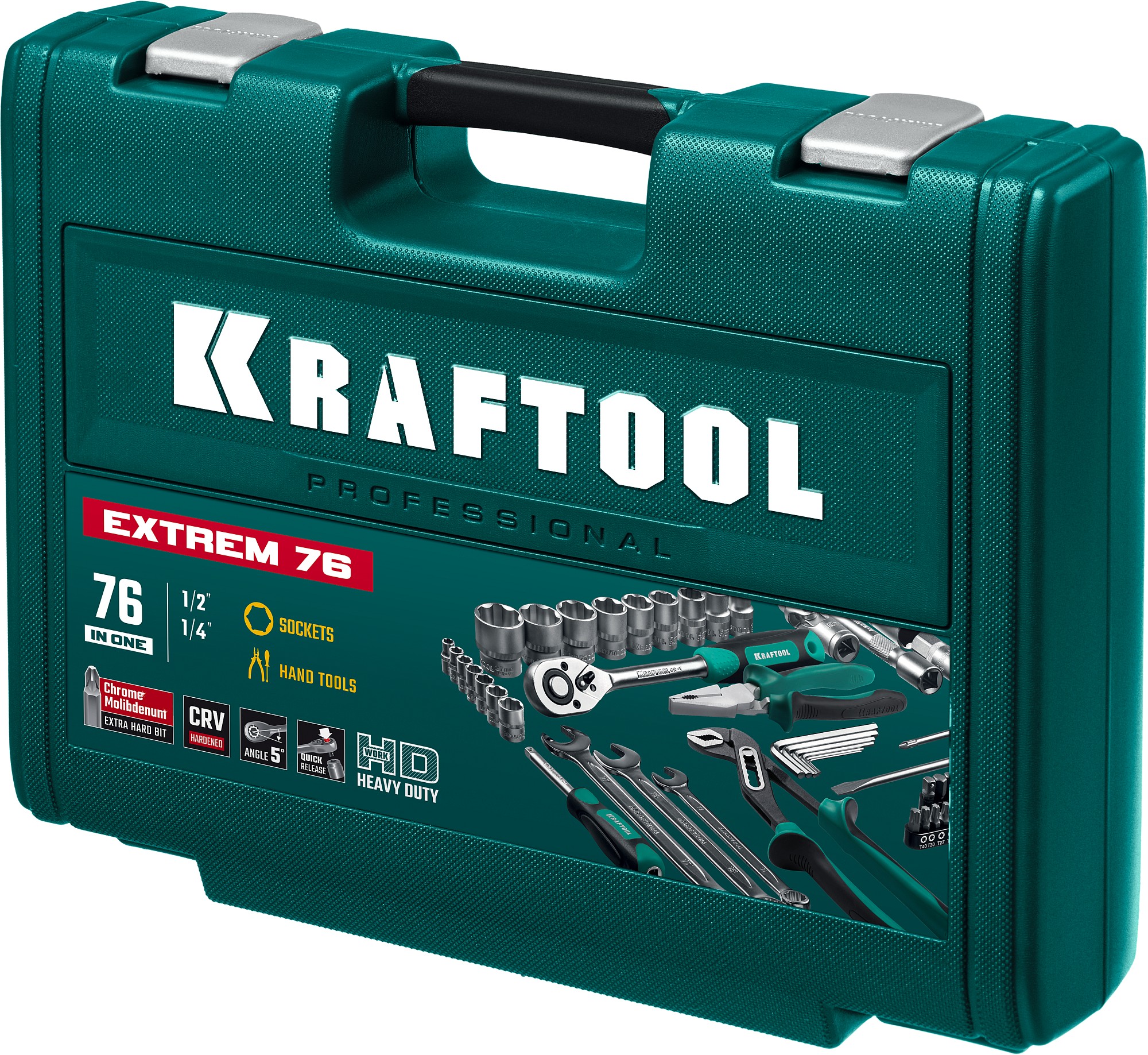 KRAFTOOL EXTREM-76, 76 предм., (1/2″+3/8″+1/4″), универсальный набор инструмента (27889-H76)