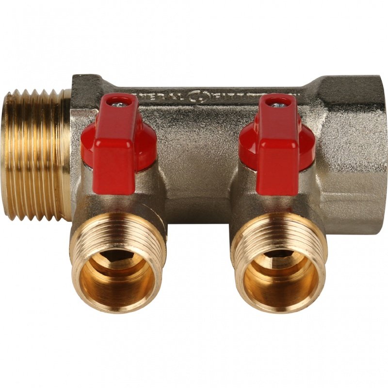 Коллектор с шаровыми кранами 1" STOUT 2 выхода 1/2", красные ручки