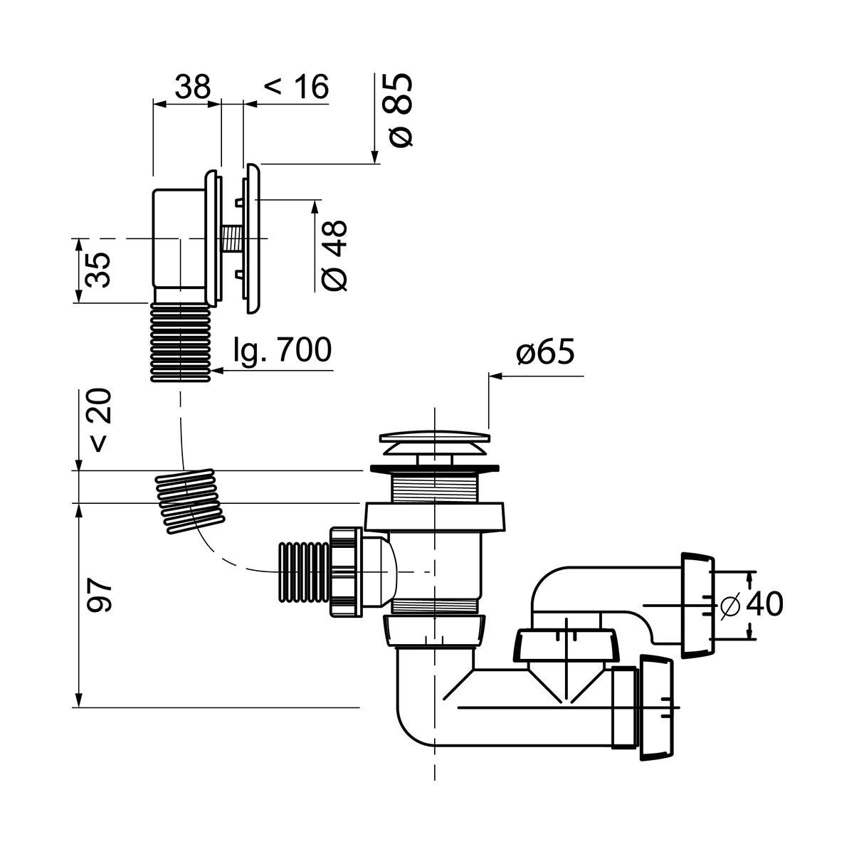 Сифон для ванн регулир. с переливом 700 мм с внеш. тросиком, вентиль латунь хром. (1/24) "wirquin"