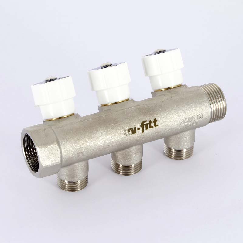 Коллектор UNI-FITT 3/4"х1/2"х3 вых под плоскую прокладку 40мм никелированный с вентилями
