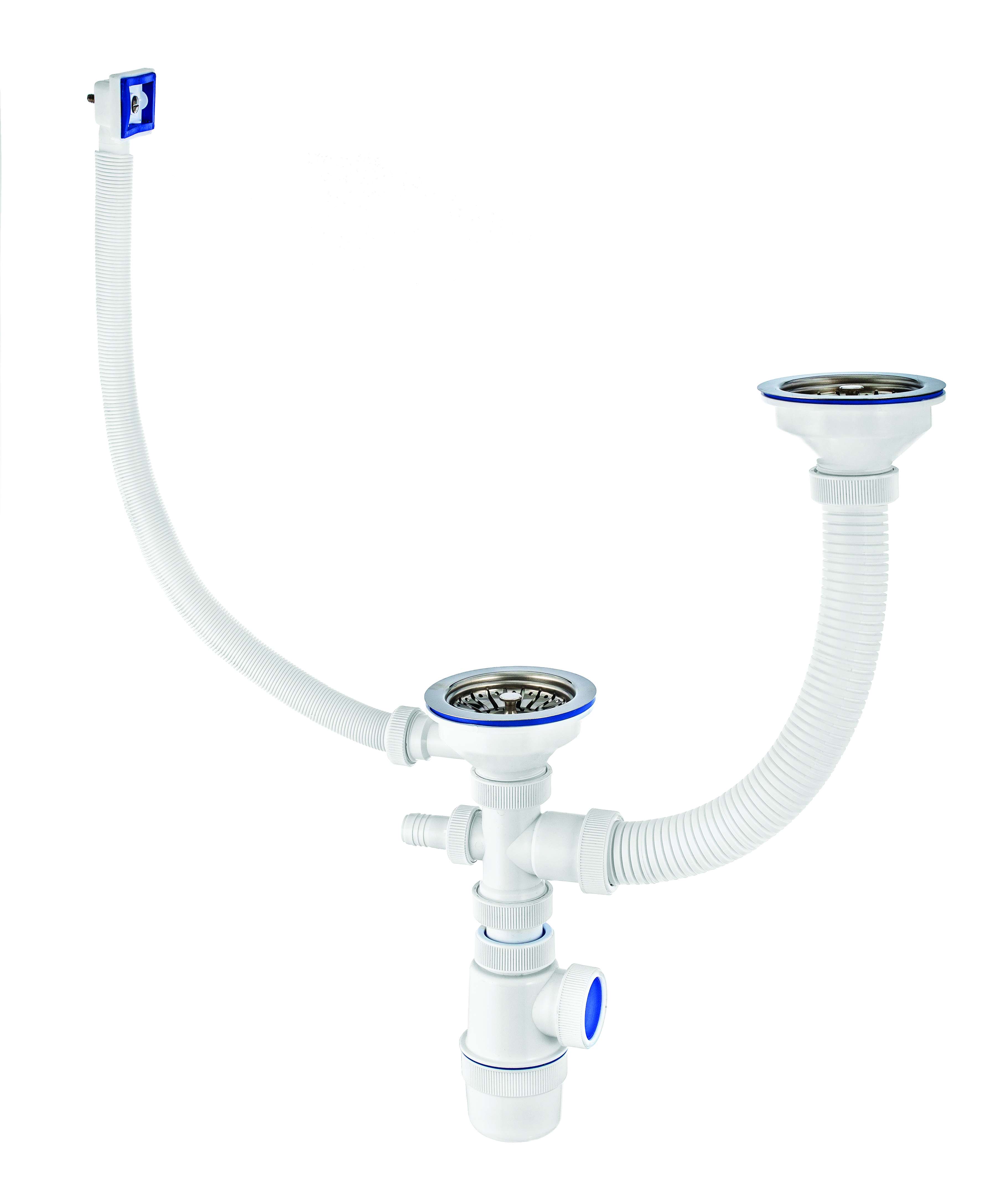 Сифон "элит" для 2-й мойки с нерж. чашкой 114 мм с отводом и прямоуг. переливом (1/15)