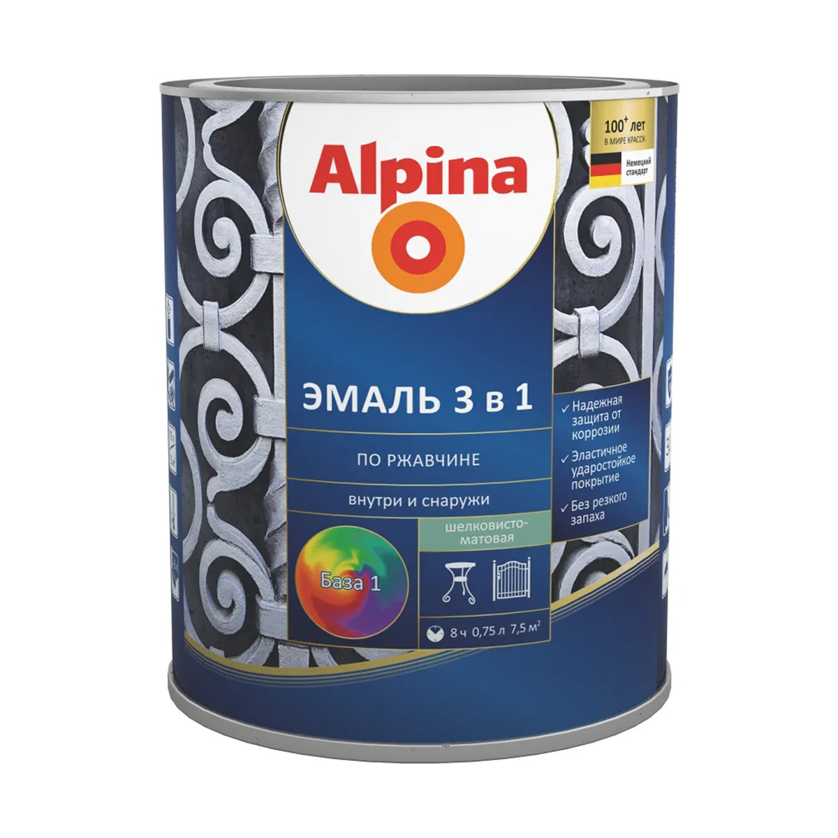 Грунт- эмаль по ржавчине 3 в 1 база 1 (белая) 0,75 л (1/6) "alpina"
