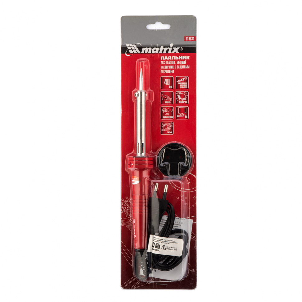 Паяльник, пластик ABS с пониженной теплопроводностью, медный наконечник с долговечным покрытием, 220 В, 40 W Matrix (913034)