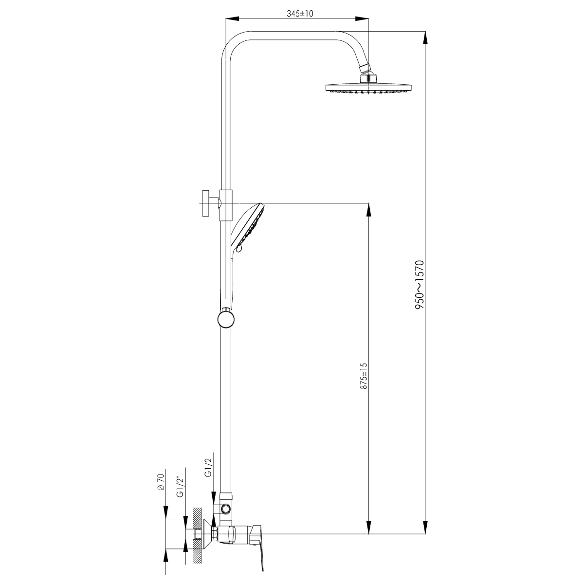Душевая система  s35-45  лейка 5 реж., регулир. стойка, верхн. душ "тропич. дождь" (1/4) "rossinka"