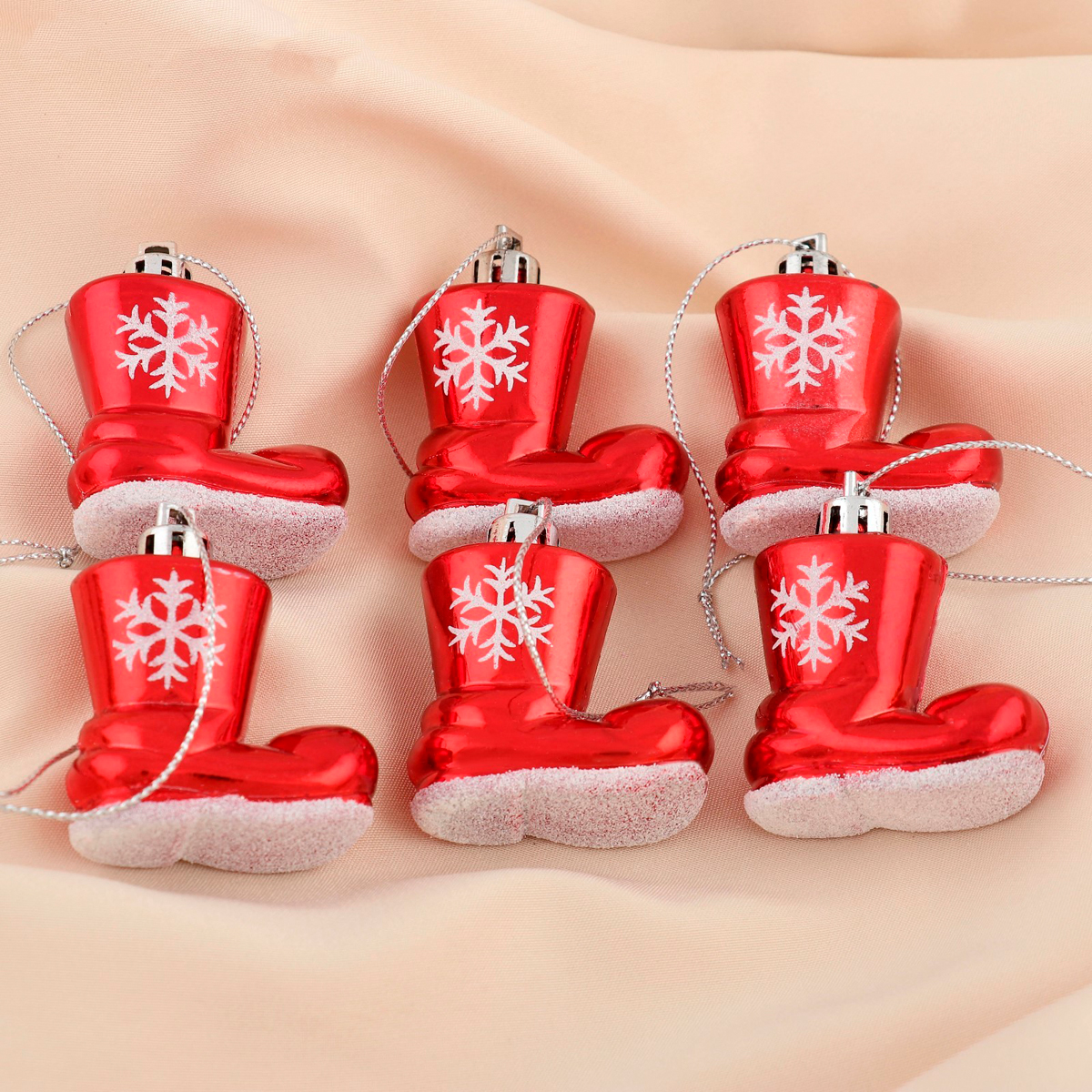 Украшение новогоднее "сапожок со снежинкой" (набор 6 шт.) 4*4 см, красный 4192529