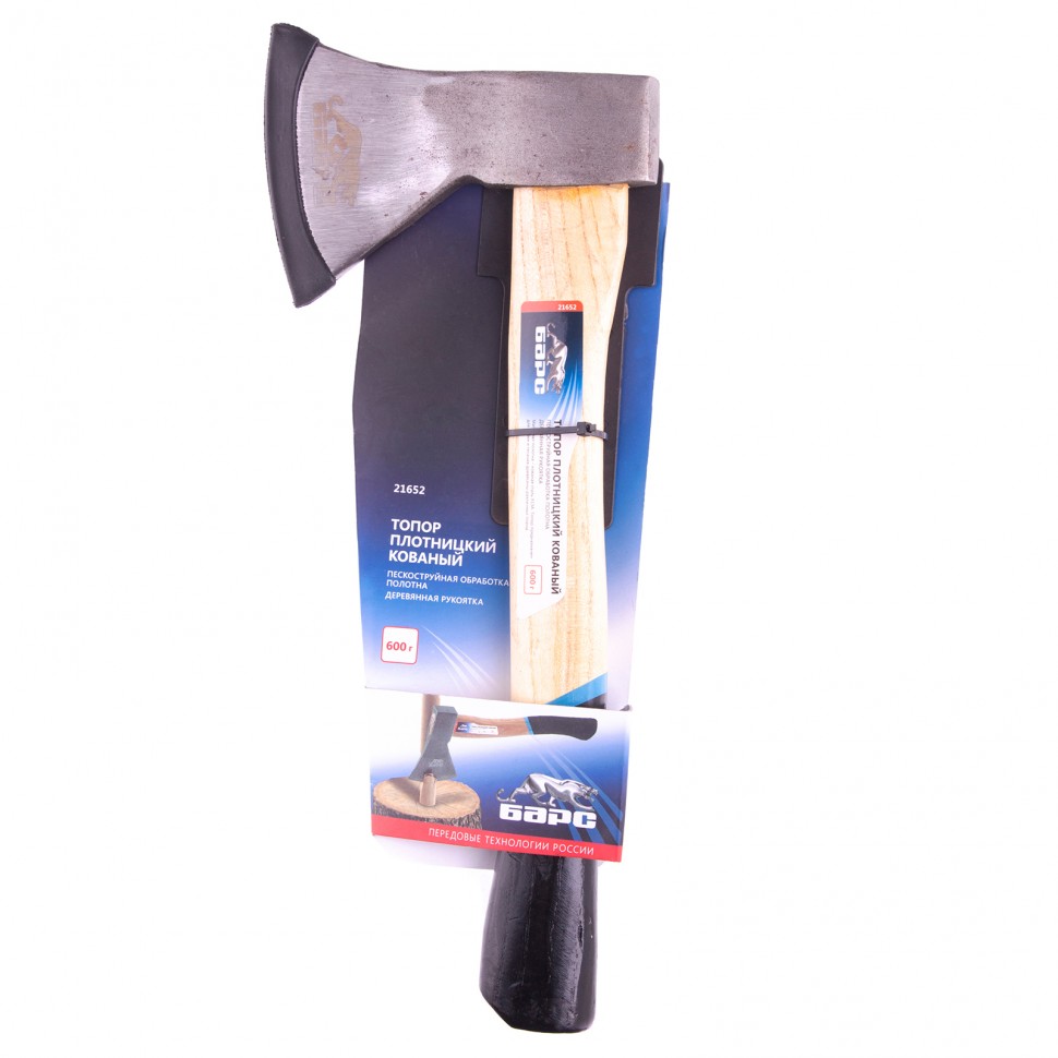 Топор плотницкий, кованый, деревянная рукоятка, 600 г, пескоструйное покрытие полотна Барс (21652)