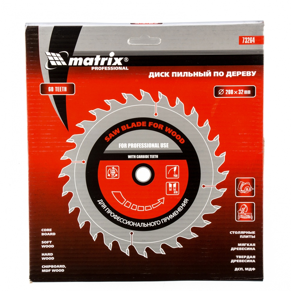 Пильный диск по дереву, 200 х 32 мм, 60 зубьев, кольцо 30/32 Matrix Professional (73264)