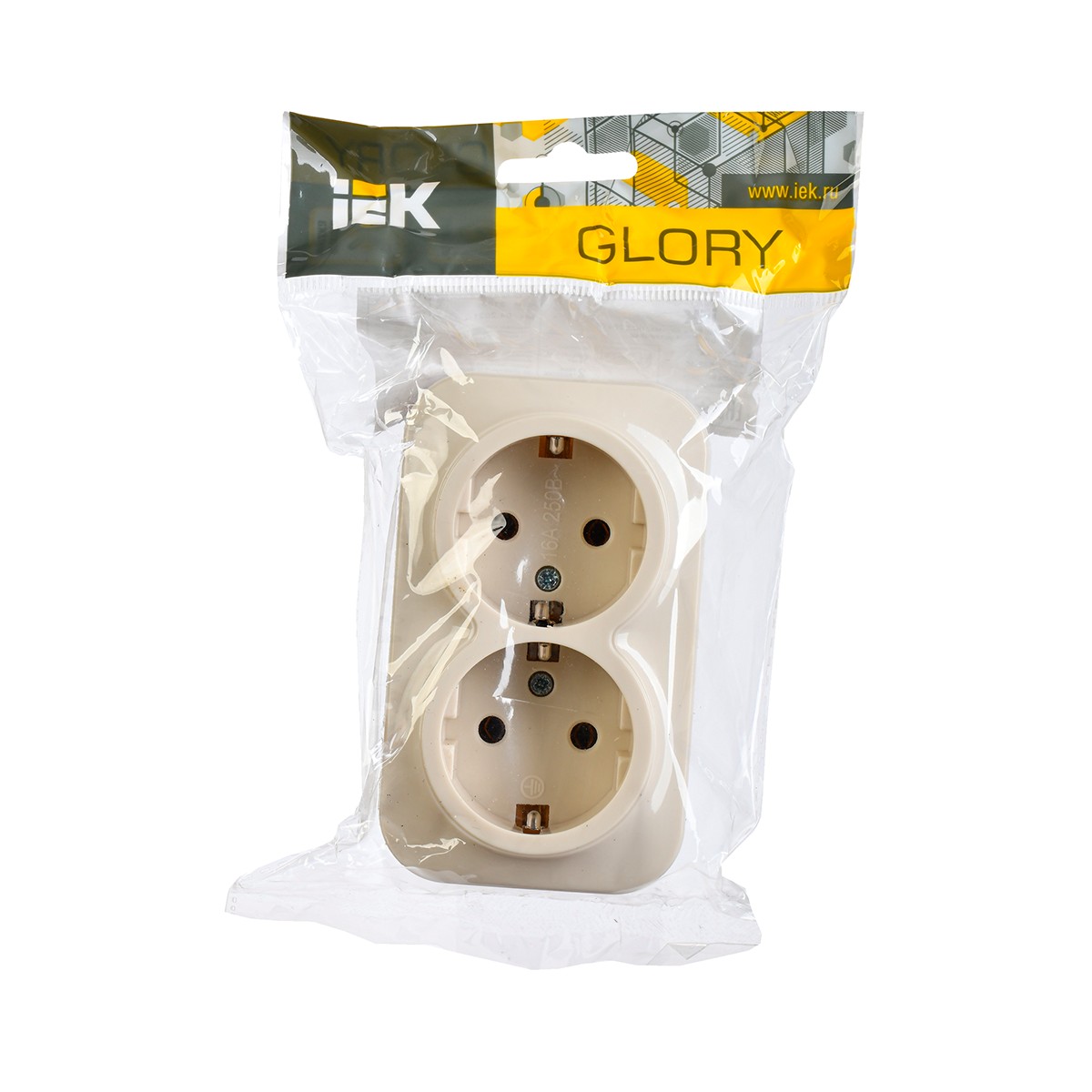 Розетка открыт. уст. "glory" 2-х местн. с заземл. рс22-3-хк, 16а, кремовый (1/18/216) "iek"