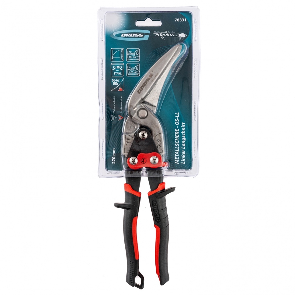 Ножницы по металлу "Piranha", 270 мм, прямой и левый проходной рез, сталь СrMo, двухкомпонентные рукоятки Gross (78331)