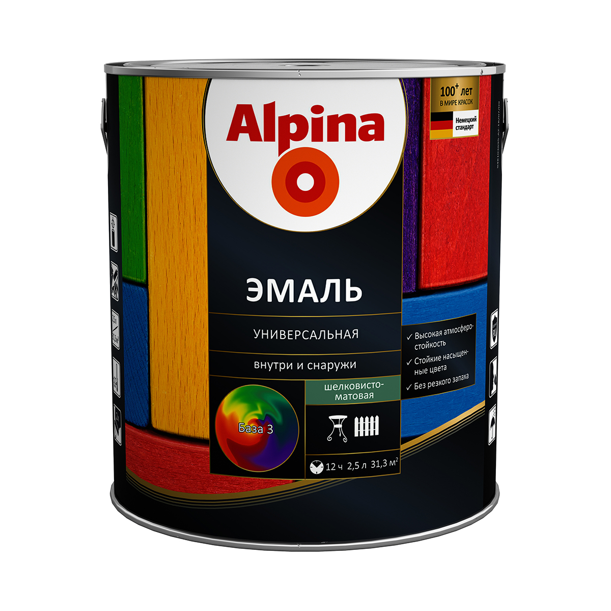 Эмаль алкидная универс. шелковисто-матовая база 3 (бесцветная) 2,13 л (1/4) "alpina"