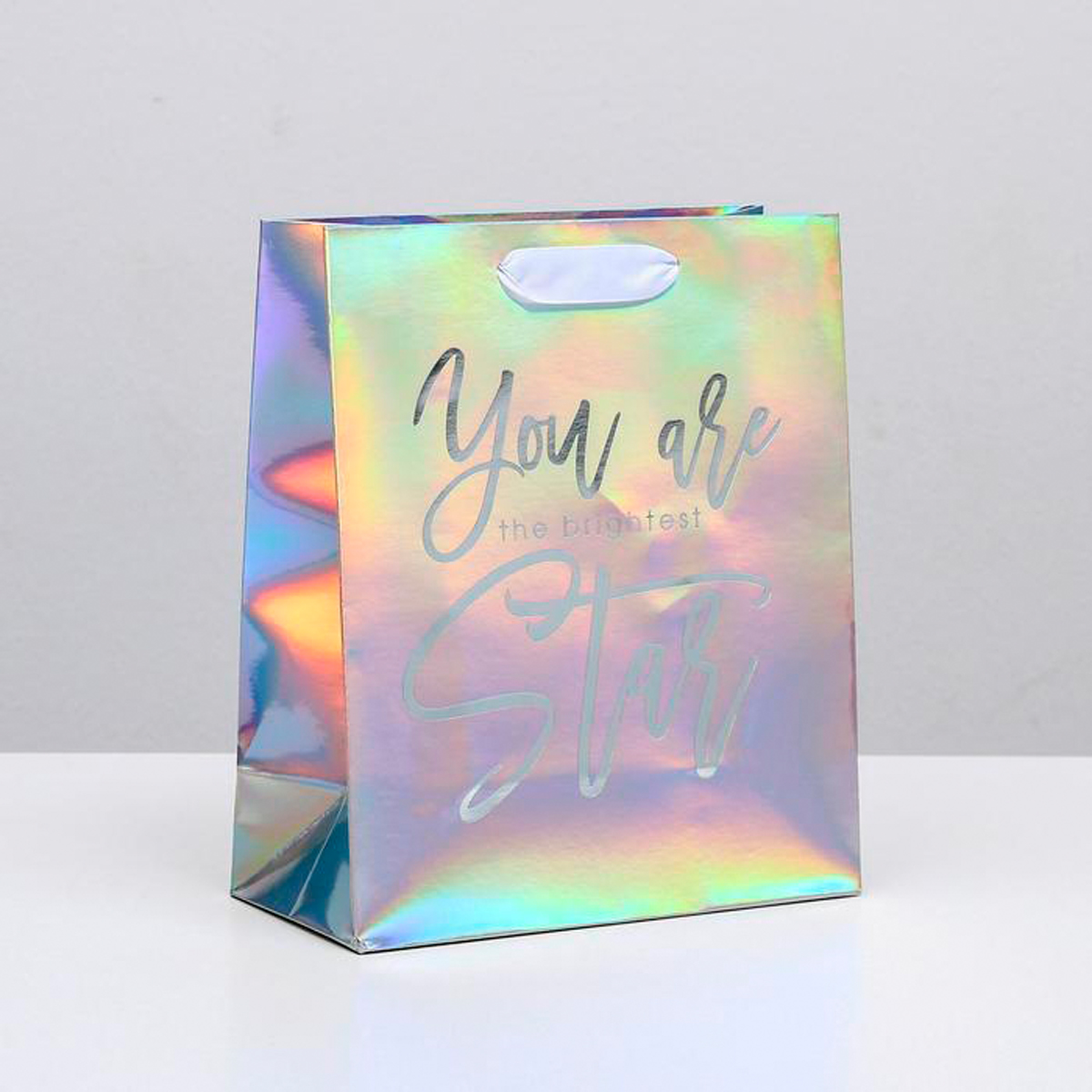 Пакет подарочный голографический "star" 25*21*10 см (1/180) "дарите счастье" 4807295