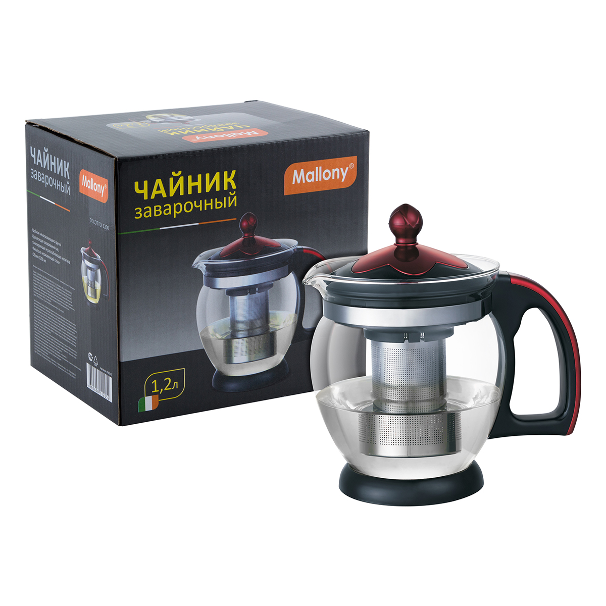 Чайник завар. стекло "decotto-1200"  1,2 л пластик. ручка, фильтр нержав. (черный) (1/36) "mallony"