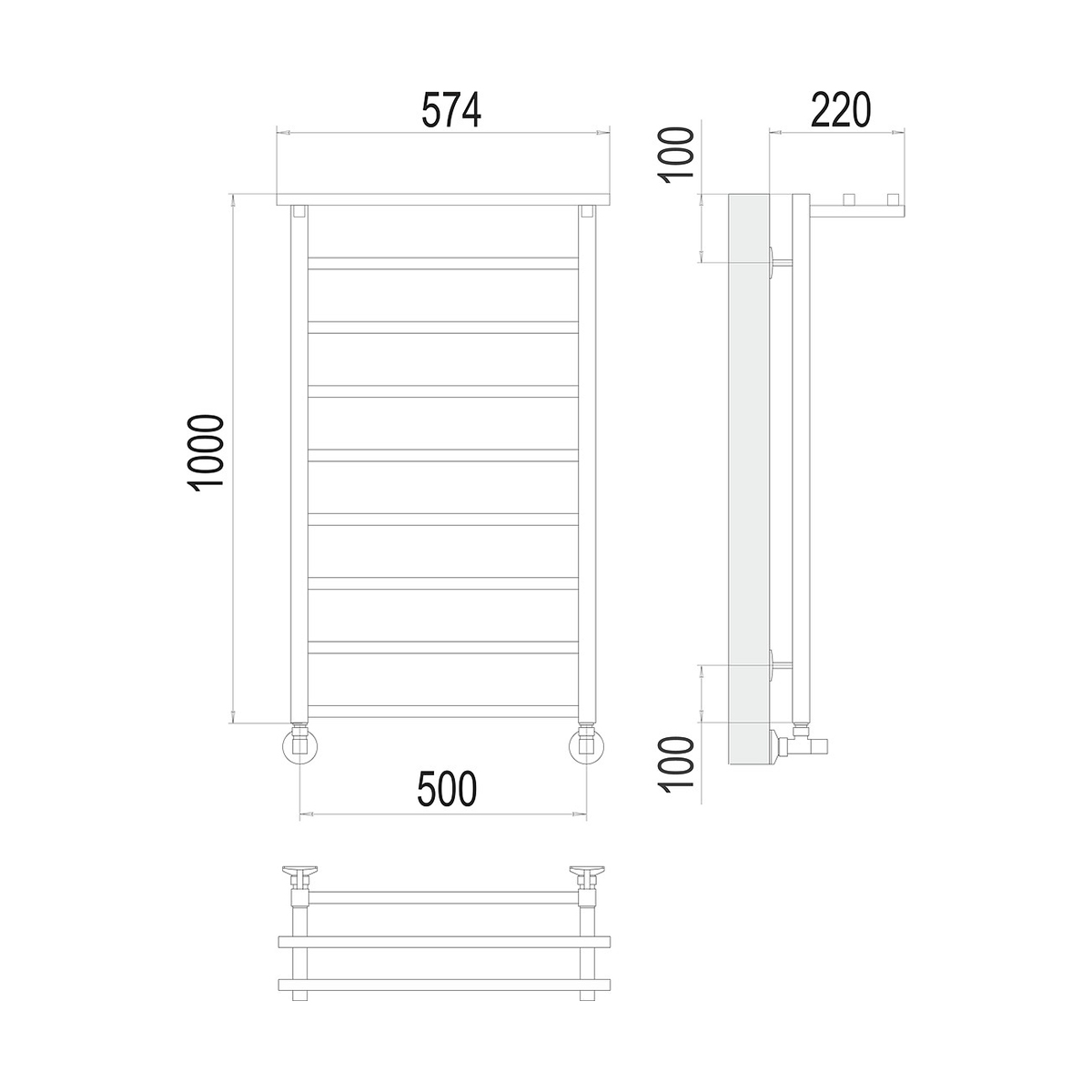 Полотенцесушитель водяной "контур" п9 500*1000 с перекладиной (хром) "terminus"
