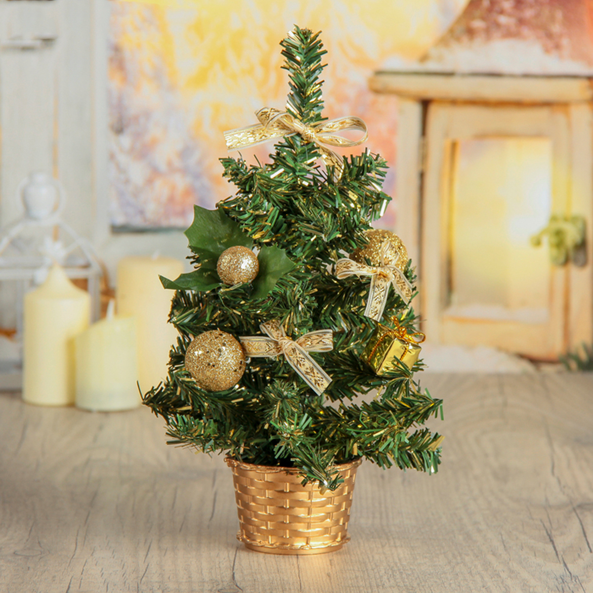 Ель декор. 25 см (зеленая, украшения золото) "зимнее волшебство" 3531515