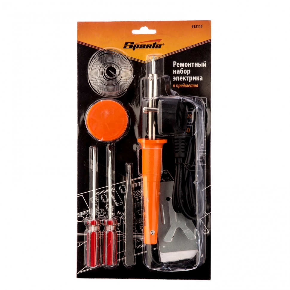 Ремонтный набор электрика 7 предметов: паяльник 30 Вт, припой, флюс, две отвёртки, пинцет, подставка Sparta (913111)