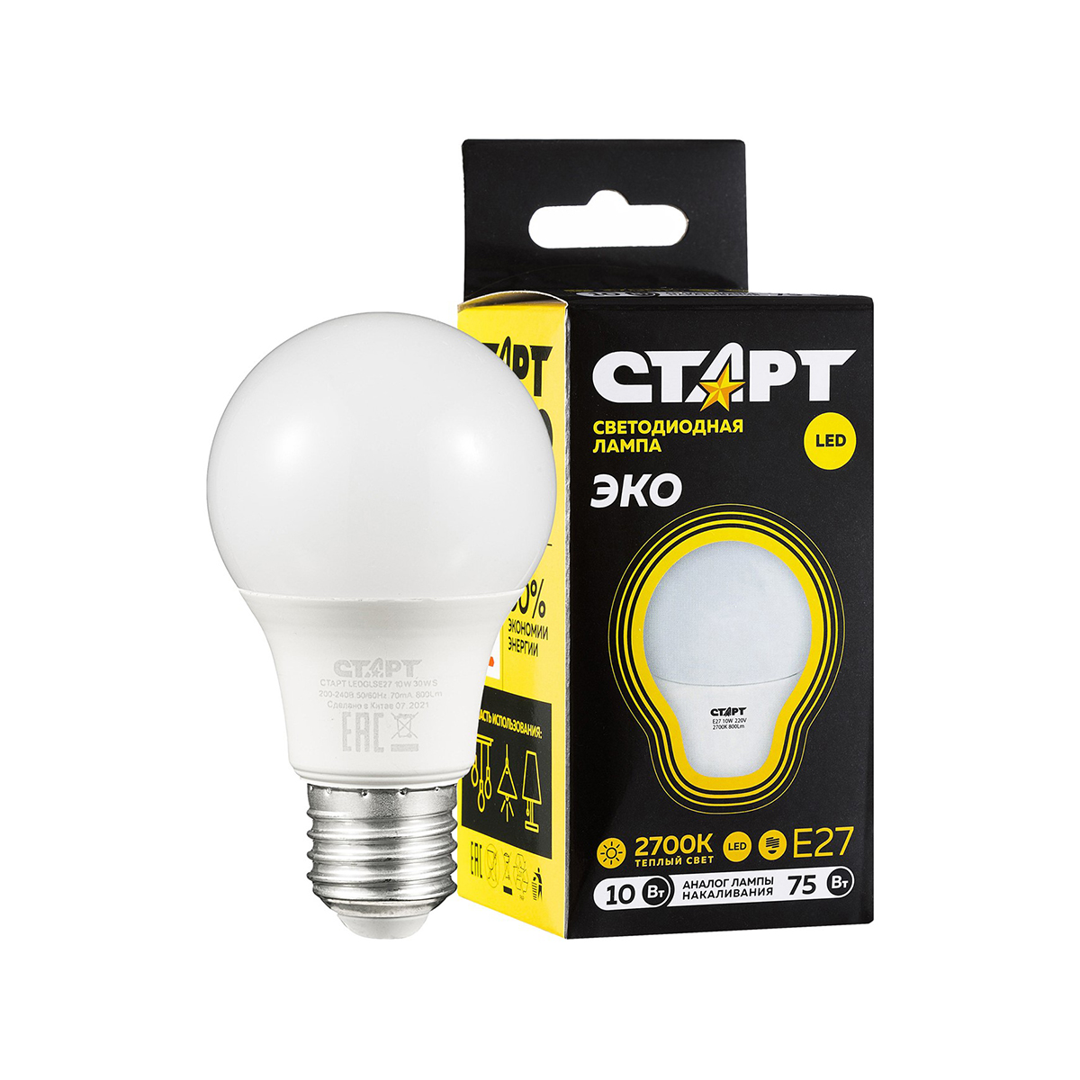 Лампа светодиодная "старт эко" груша 10w 2700 к  e27, тепл. свет (10/100)