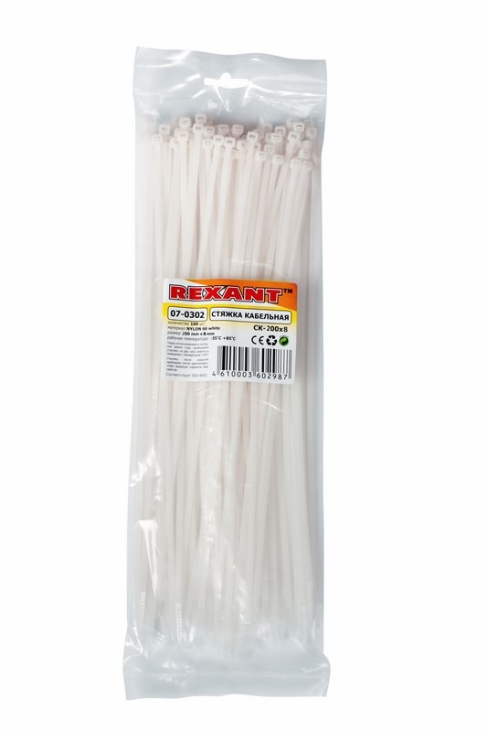 Хомуты нейлон 7,6 х 300 мм (набор 100 шт.), белые (1/5/50) "rexant" 07-0302