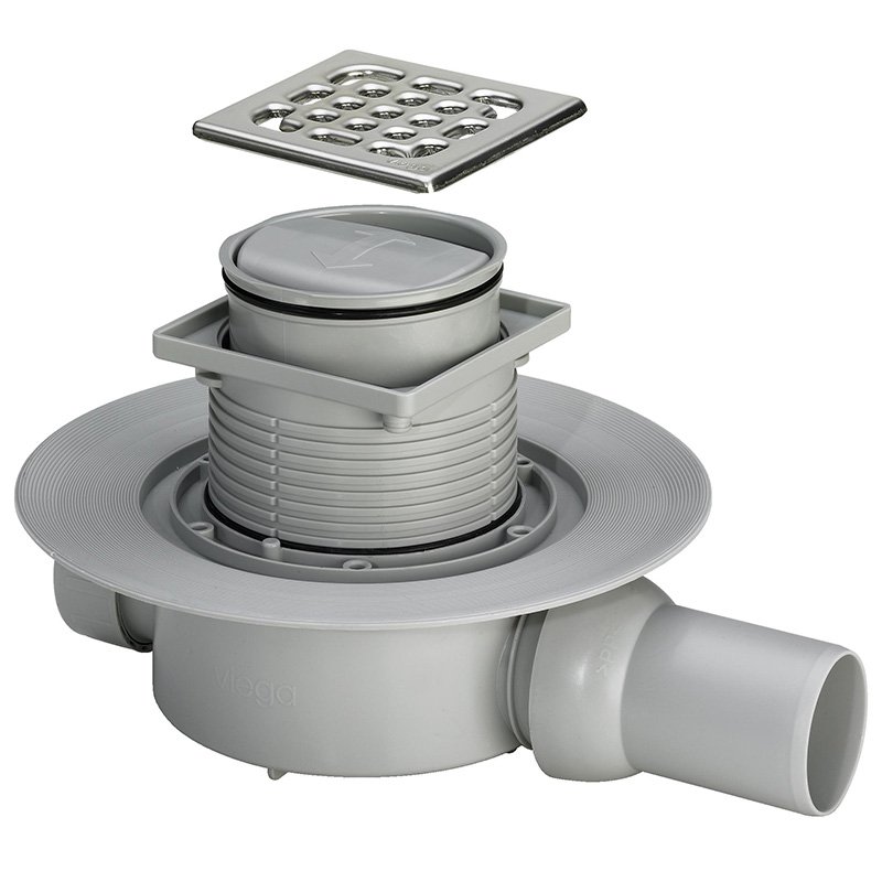 Трап 100 х100 VIEGA с гидрозатвором и боковым отводом 50 мм пластик, трап регулируется по высоте