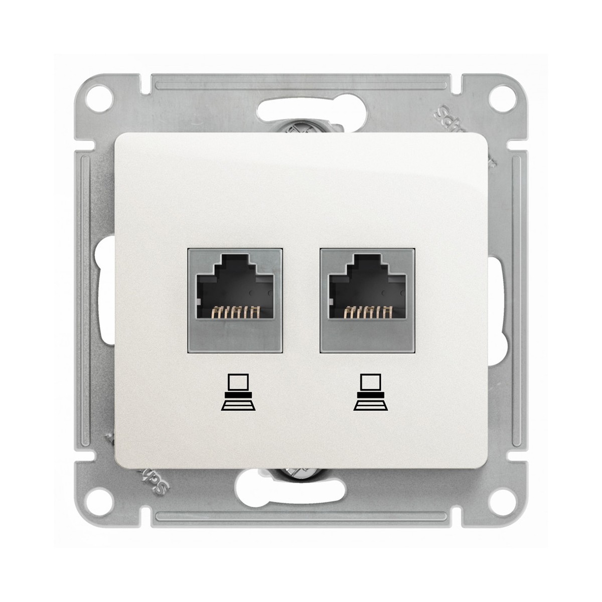 Розетка компьютерная "glossa" 2-х местн. rj45+rj45 (механизм) перламутр (1/10/160) "schneider"