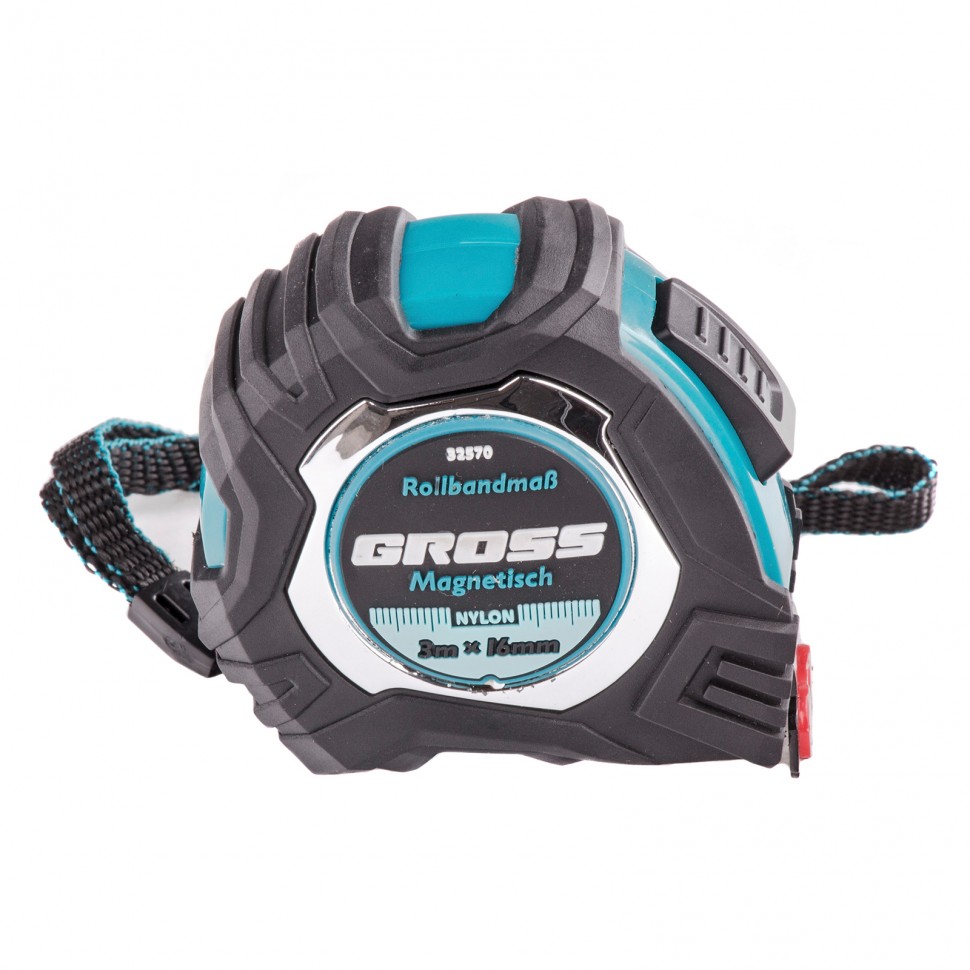 Рулетка Magnetisch 3 м х 16 мм, обрезиненный корпус, автоматическая фиксация, Нейлоновое покрытиеытие, зацеп с магнитом Gross (32570)
