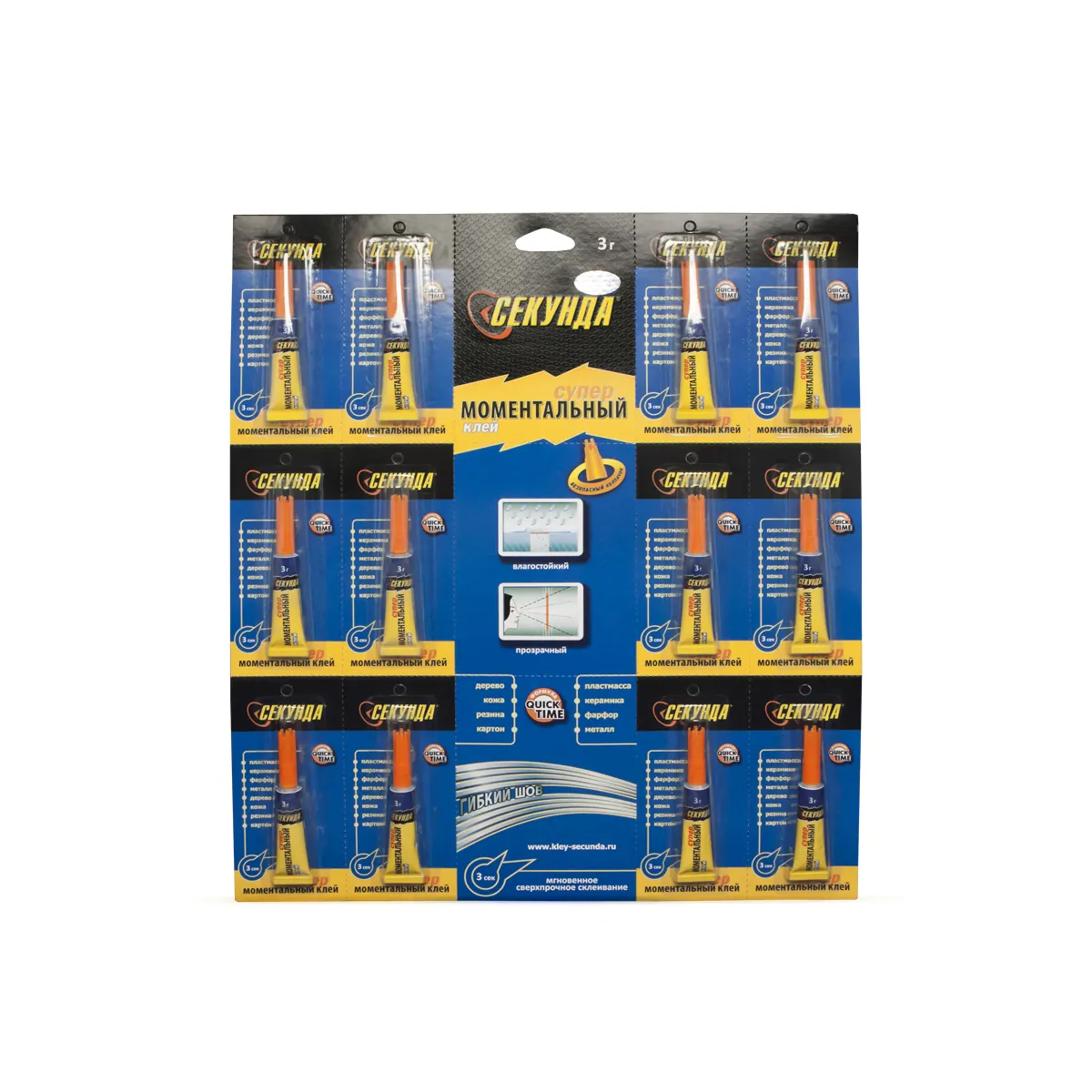 Клей "моментальный " 3 г на листе (12/288) "секунда" 403-103