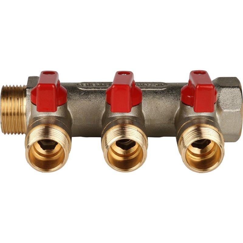 Коллектор с шаровыми кранами 3/4" STOUT 3 выхода 1/2", красные ручки