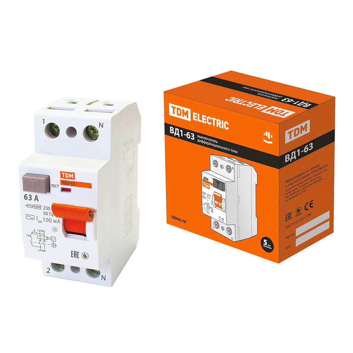 Устройство защитного отключения узо вд1-63 2р 63а 100ма (1/6/60) tdm sq0203-0017
