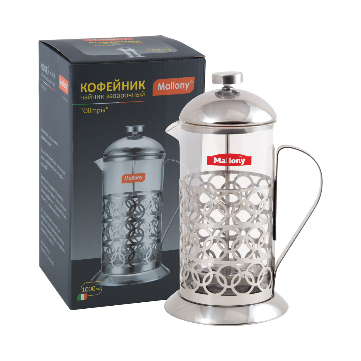 Чайник-кофейник с прессом "olimpia" стекло 1000 мл (1/12) "mallony"  t046-1000ml