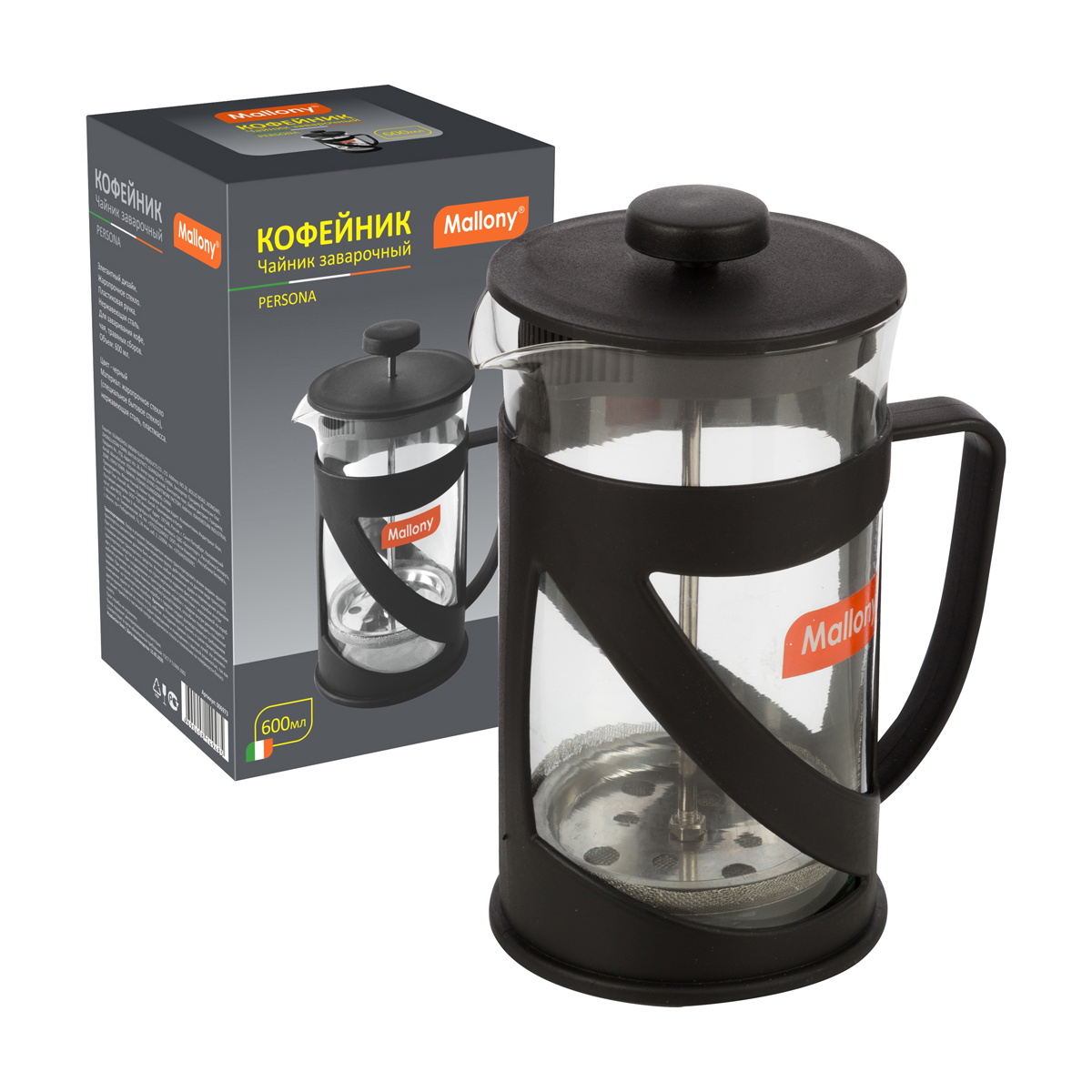 Чайник-кофейник с прессом "persona" стекло 600 мл (1/12) "mallony"