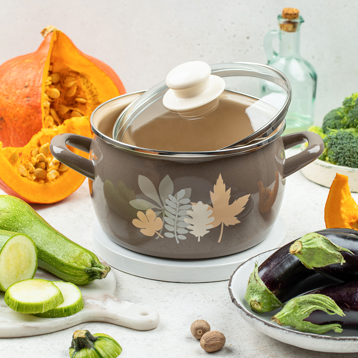 Кастрюля эмалиров. "осенняя соната" 3,3 л, 18 см стекл. крышка (1/6) "metrot"