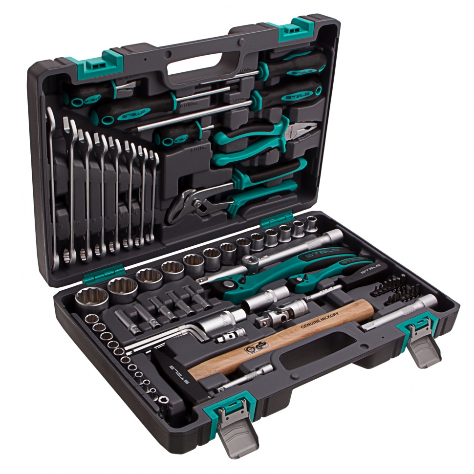 Набор инструментов, 1/2, 1/4, CrV, пластиковый кейс, 76 предметов, двенадцатигранные головки Stels (14116)