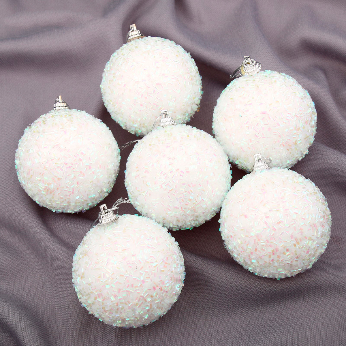 Шары новогодние d-5,5 см (набор 6 шт.) "пушинка - бисер"  "зимнее волшебство" 2377901