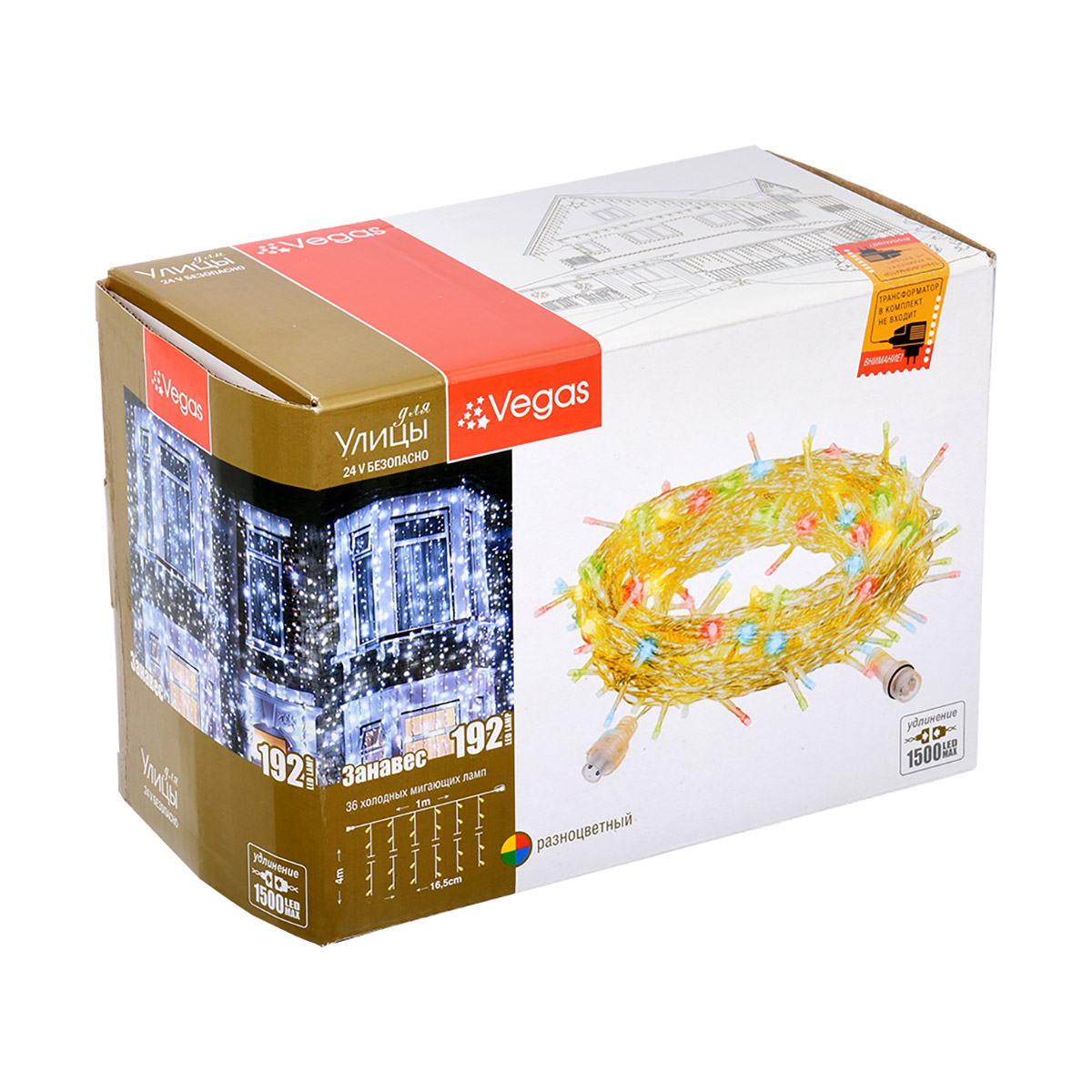 Электрогирлянда-конструктор "занавес" 1*4 м, 192 разноцв. лампы (36 мигающих), 6 нитей (1/4) "vegas"