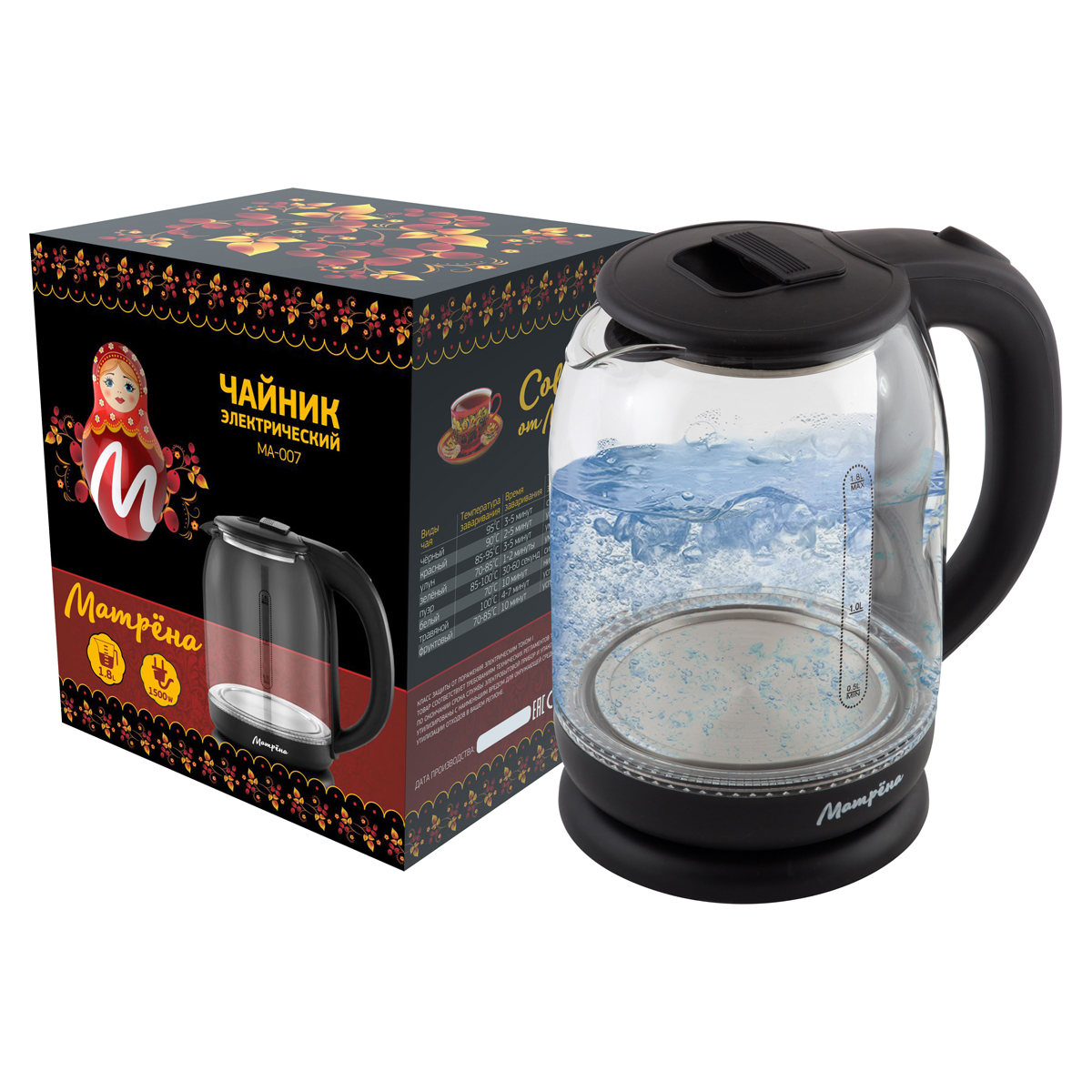 Чайник электр. "матрёна" ma-007 1,8 л (1/12) стекло, пластик (черный)