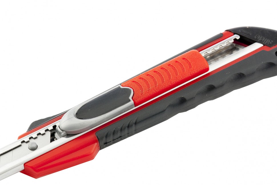 Нож, 9 мм, выдвижное лезвие "Quick blade" металлическая направляющая, двойная фиксация, эргономичная двухкомпонентная рукоятка Matrix (78934)