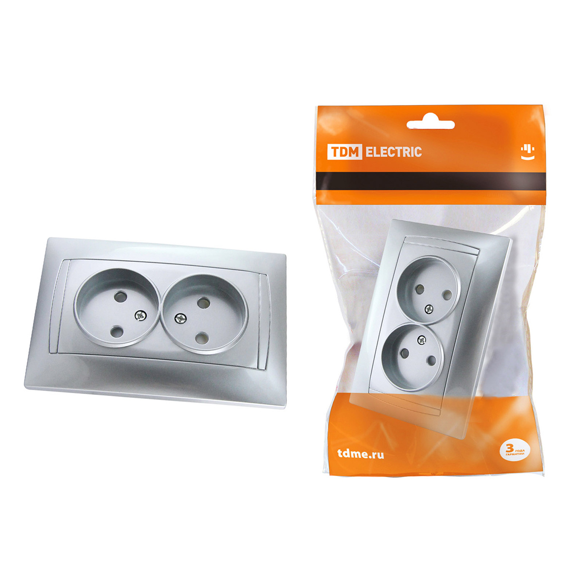 Розетка двойная 10а 250в ip20 с защитн. шторками "лама" серебр. металлик (1/7/84) tdm sq1815-0212