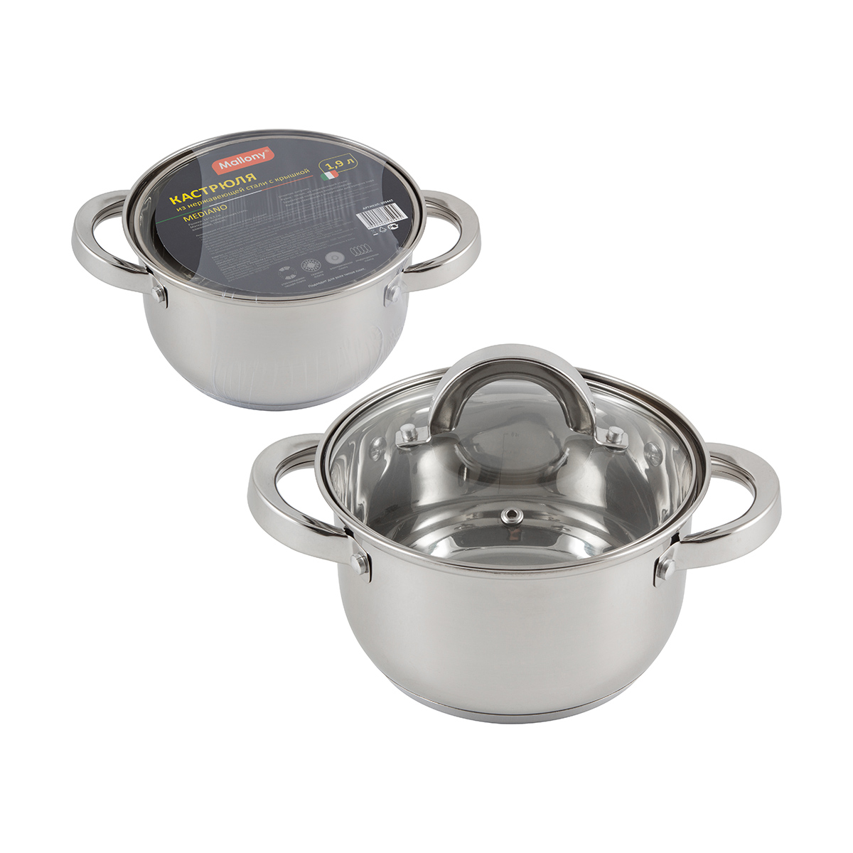Кастрюля нержав. "mediano" 1,9 л стекл. крышка, 16*9,5 см (1/8) "mallony"